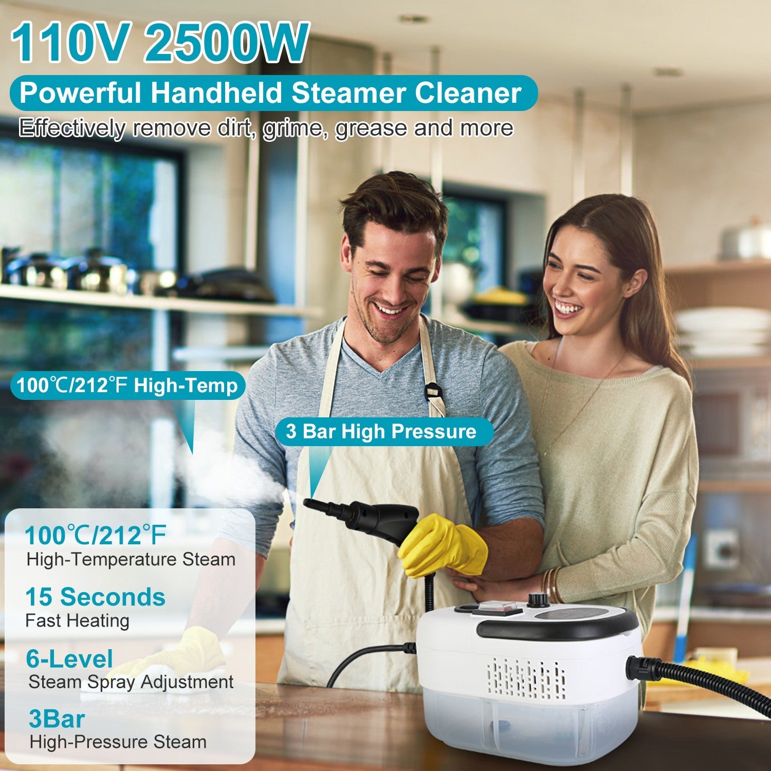 2500W Handheld Steamer Cleaner Multifunctional Little Steamer Powerful High Temp Steam Clean Machine For Cleaning Car Detailing Couch Floor Tile Microwave Mattress Bed Bugs Windows